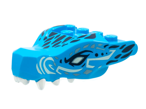Dragon Head (Ninjago) Jaw with 2 Bar Handles on Back with Light Aqua Eyes, White Teeth, and Dark Blue and Metallic Light Blue Scales Pattern