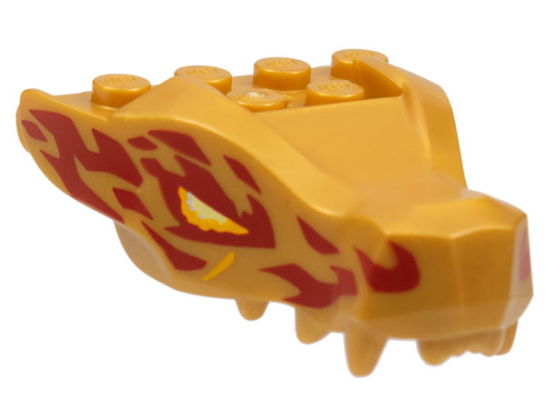 Dragon Head (Ninjago) Jaw with 2 Bar Handles on Back with Bright Light Orange and Bright Light Yellow Eyes and Red Flames Pattern