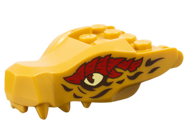 Dragon Head (Ninjago) Jaw with 2 Bar Handles on Back with Bright Light Yellow Eyes and Dark Red and Black Scales Pattern