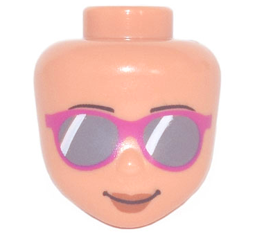 Mini Doll, Head Friends Sunglasses with Dark Bluish Gray Lenses and Magenta Frames, Reddish Brown Lips and Closed Mouth Smile Pattern