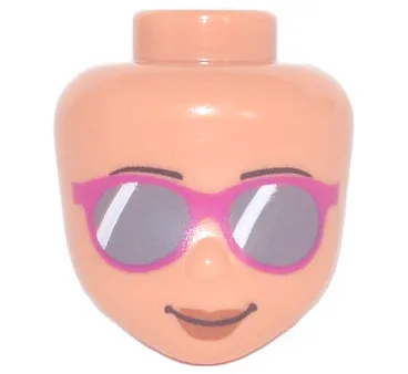 Mini Doll, Head Friends Sunglasses with Dark Bluish Gray Lenses and Magenta Frames, Reddish Brown Lips and Closed Mouth Smile Pattern