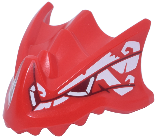 Dragon Head (Ninjago) with Stepped Top, Horn and Pin Hole on Back with Dark Red Eyes and Lines and White Spiral Markings Pattern