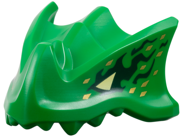 Dragon Head (Ninjago) with Stepped Top, Horn and Pin Hole on Back with Bright Light Yellow Eyes, Dark Green Markings, Gold Scales Pattern