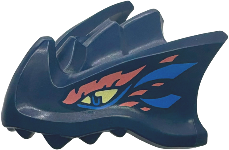 Dragon Head (Ninjago) with Stepped Top, Horn and Pin Hole on Back with Bright Light Yellow Eyes, Blue and Coral Markings Pattern