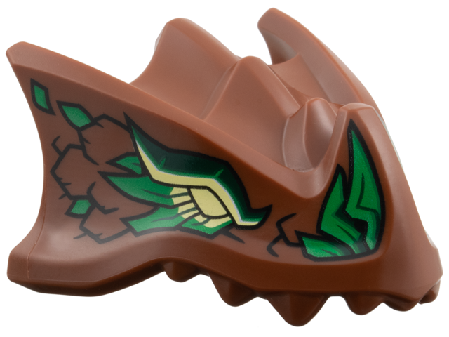 Dragon Head (Ninjago) with Stepped Top, Horn and Pin Hole on Back with Bright Light Yellow Eyes, Dark Green Eyebrows, Green Scales Pattern