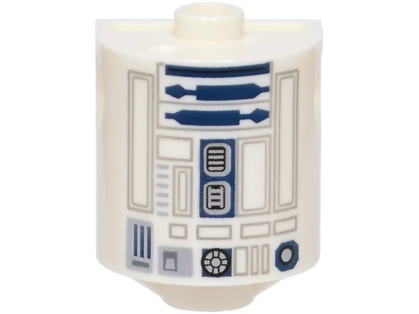 Brick, Round 2 x 2 x 2 Half Circle Extended Robot Body with 4 Studs on Side with Light Bluish Gray Lines and Dark Blue and Silver Droid Details Pattern (SW R2-D2)