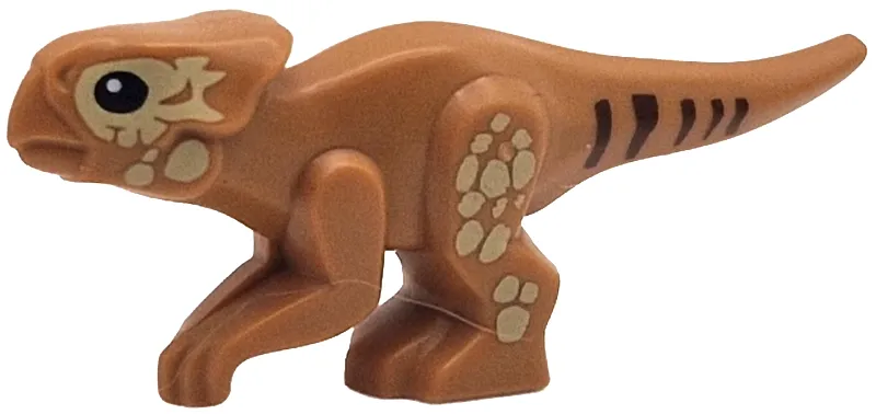 Dinosaur Aquilops Baby Standing with Tan Scales, Reddish Brown Stripes, and Black Eyes Pattern (Jurassic World Dolores)