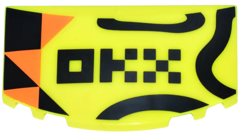 Windscreen 3 x 6 x 1 1/3 Curved with Orange Triangles, Black Squiggly Lines and Stylized 'OKX' Logo Pattern