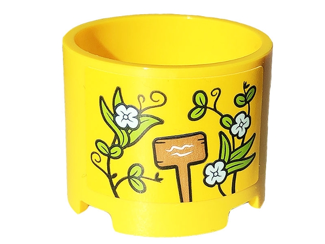Brick, Round 3 x 3 x 2 with Recessed Center and Axle Hole with Wooden Sign and Plants with Flowers Pattern (Sticker) - Set 41707