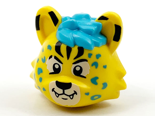 Minifigure, Head, Modified Cat with Medium Azure Hair and Rosettes, Black Markings, Eyes and Nose Pattern