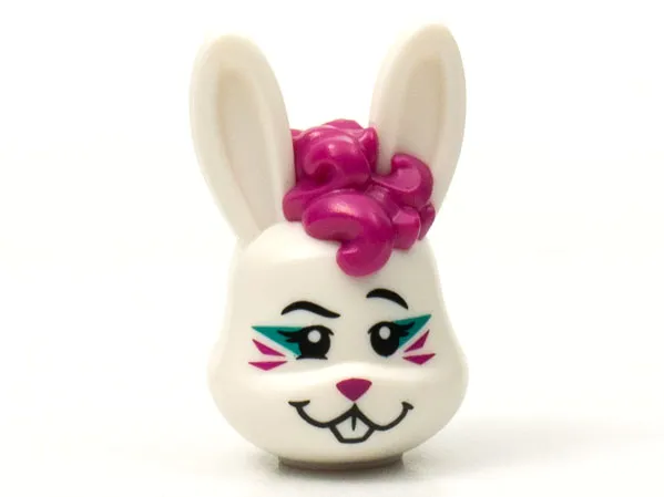 Minifigure, Head, Modified Bunny Rabbit with Magenta Curly Hair, Whiskers and Nose Pattern