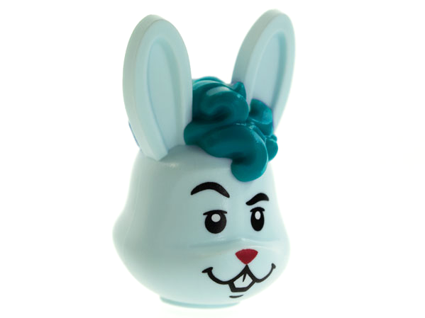 Minifigure, Head, Modified Bunny Rabbit with Dark Turquoise Curly Hair, Magenta Nose Pattern