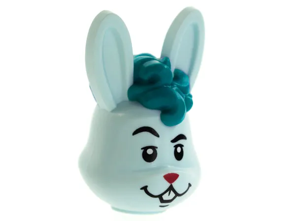 Minifigure, Head, Modified Bunny Rabbit with Dark Turquoise Curly Hair, Magenta Nose Pattern