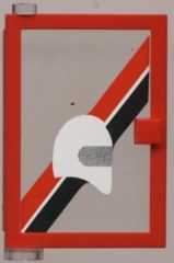 Door 1 x 4 x 5 Left with Trans-Clear Glass and Red & Black diagonal Stripe and White Helmet Pattern (Sticker) - Set 6373