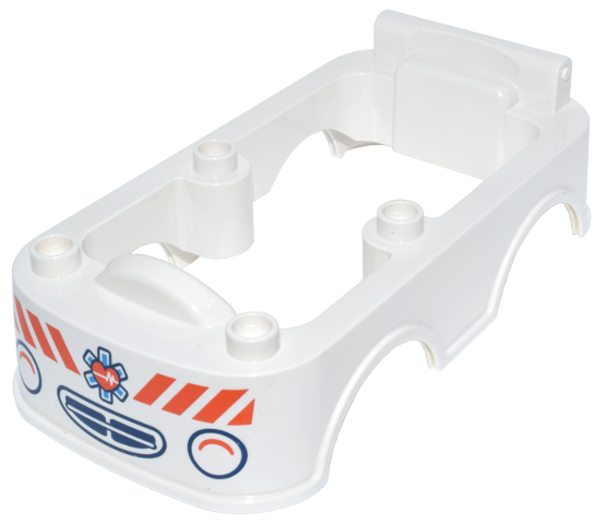 Duplo Car Body Bus Small Bottom Section with Dark Blue Headlights and Grille, Reddish Orange Stripes and Heart over Dark Azure EMT Star of Life Pattern