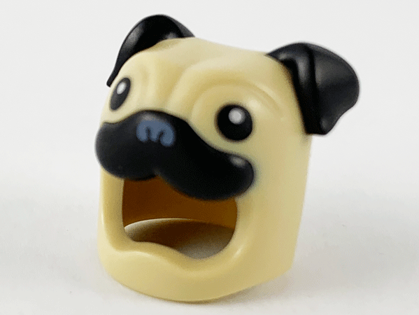 Minifigure, Headgear Head Cover, Costume Pug Dog with Black Ears, Eyes and Muzzle Pattern