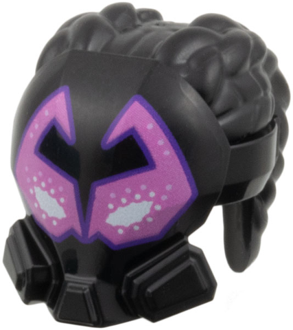Minifigure, Hair Coiled with 2 Cornrow Pigtails and Mask with White and Dark Pink Angular Eyes with Dark Purple Outline Pattern