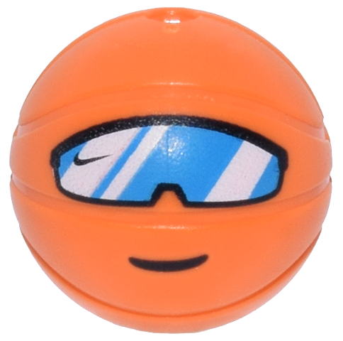 Minifigure, Head, Modified Basketball with Hole on Top with Dark Azure Sports Sunglasses, White Reflections and Black Nike Swoosh Logo and Smile Pattern