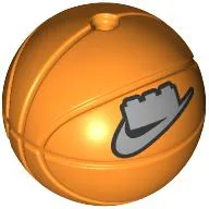 Minifigure, Head, Modified Sports Ball with Hole on Top (Basketball) with Silver Nike Swoosh Logo and 1 x 3 Brick with Black Outline Pattern