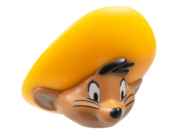 Minifigure, Head, Modified Looney Tunes Speedy Gonzales with Bright Light Orange Hat, Black Nose and Whiskers Pattern