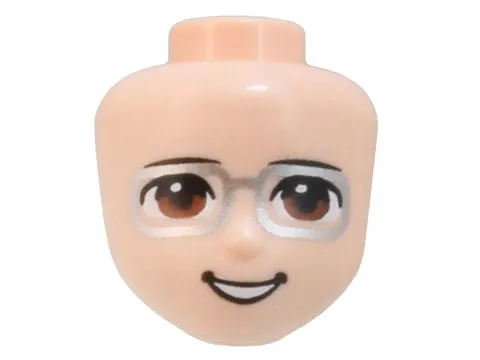 Mini Doll, Head Friends with Black Thin Eyebrows, Reddish Brown Eyes, Silver Glasses, and Open Mouth Smile with Teeth Pattern