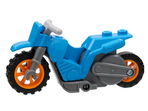 Stuntz Flywheel Motorcycle Dirt Bike with Dark Bluish Gray Frame, Orange Wheels, and Light Bluish Gray Handlebars