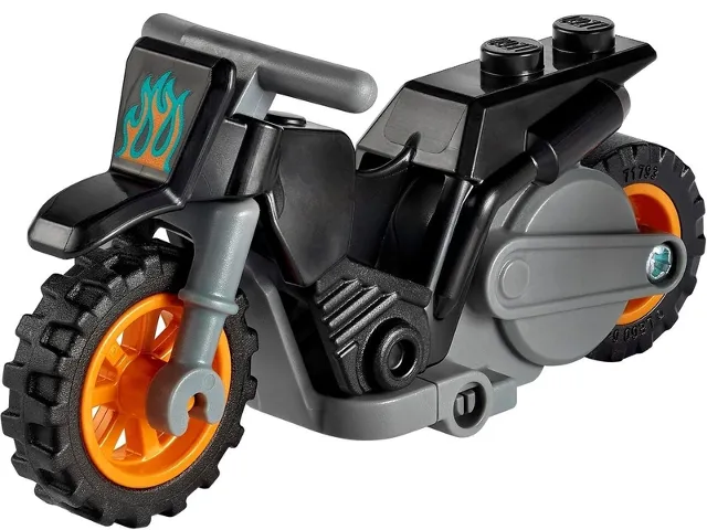 Stuntz Flywheel Motorcycle Dirt Bike with Dark Bluish Gray Frame, Orange Wheels, and Dark Bluish Gray Handlebars with Dark Turquoise and Orange Flames Pattern