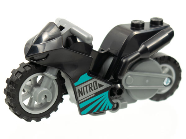 Stuntz Flywheel Motorcycle Sport Bike Tapered Front with Dark Bluish Gray Frame, Light Bluish Gray Wheels, and Dark Bluish Gray Handlebars with 'NITRO' and Dark Turquoise Trim Pattern