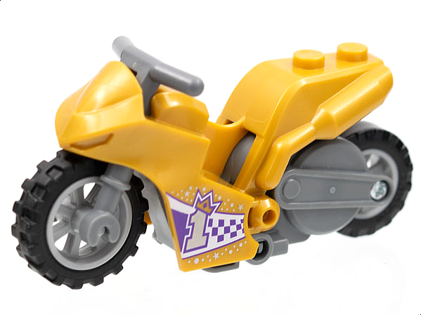 Stuntz Flywheel Motorcycle Sport Bike Tapered Front with Dark Bluish Gray Frame, Light Bluish Gray Wheels, and Dark Bluish Gray Handlebars with Silver Number 1 with Gold Crown on Dark Purple and White Checkered Pattern