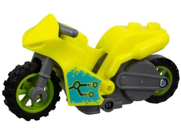 Stuntz Flywheel Motorcycle Sport Bike Tapered Front with Dark Bluish Gray Frame, Lime Wheels, and Dark Bluish Gray Handlebars with Black Circuitry on Medium Azure Background Pattern