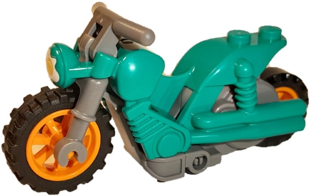 Stuntz Flywheel Motorcycle Dual Exhaust Bike with Dark Bluish Gray Frame, Orange Wheels, and Dark Bluish Gray Handlebars with Fried Egg on Headlight Pattern