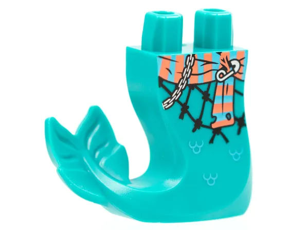 Tail, Mermaid / Merman Curved Right with Medium Azure and Coral Sash, Silver Chain and Pin, Black Fishnet Pattern