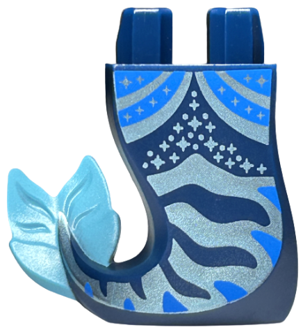 Tail, Mermaid / Merman Curved Right with Blue and Metallic Light Blue Curved Lines, Stripes, Dots, and Sparkles, Medium Azure Caudal Fin Pattern