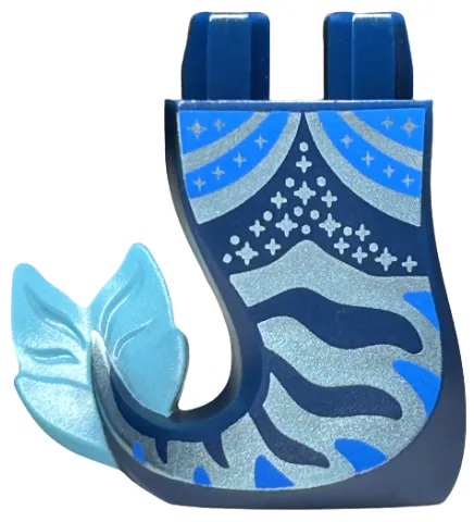 Tail, Mermaid / Merman Curved Right with Blue and Metallic Light Blue Curved Lines, Stripes, Dots, and Sparkles, Medium Azure Caudal Fin Pattern