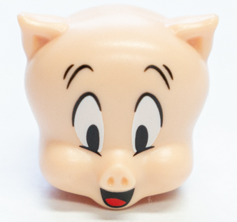 Minifigure, Head, Modified Looney Tunes Porky Pig with Red Tongue, Black Raised Eyebrows and Pupils Pattern