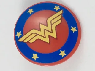 Minifigure, Shield Circular / Round Convex Face with Blue Border with Bright Light Orange Stars and 'WW' Pattern