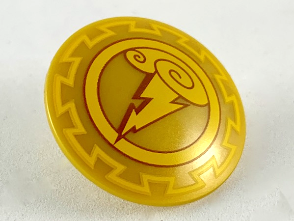 Minifigure, Shield Circular / Round Convex Face with Bright Light Orange Border, Storm Clouds with Lightning Pattern