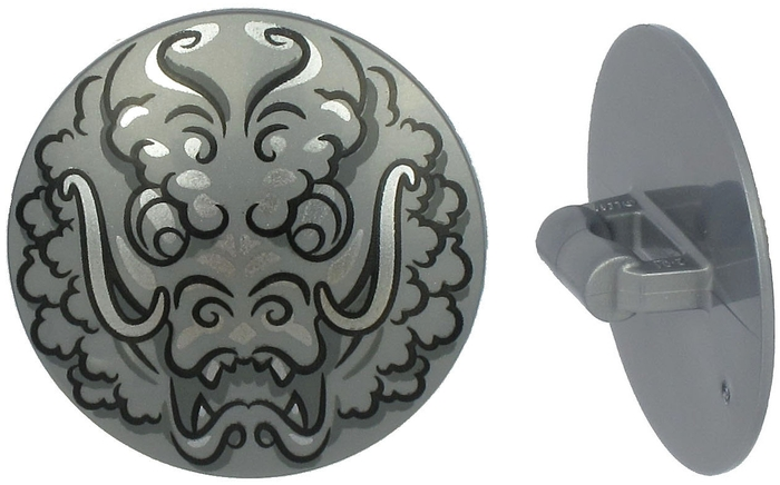 Minifigure, Shield Circular / Round Convex Face with Black and Silver Ninjago Dragon Head Pattern