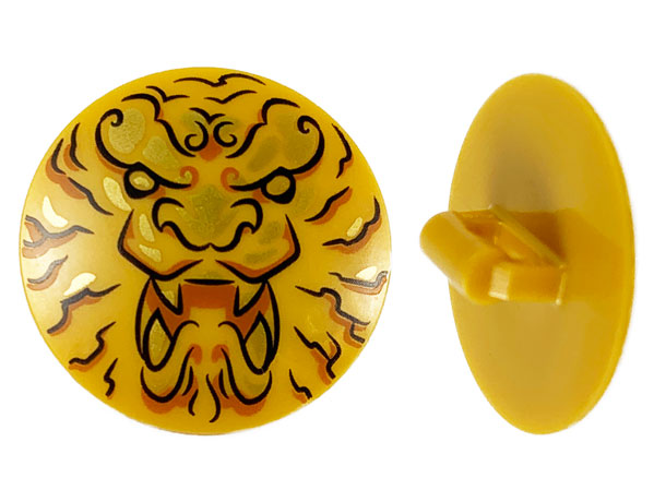 Minifigure, Shield Circular / Round Convex Face with Black and Gold Ninjago Lion Head Pattern
