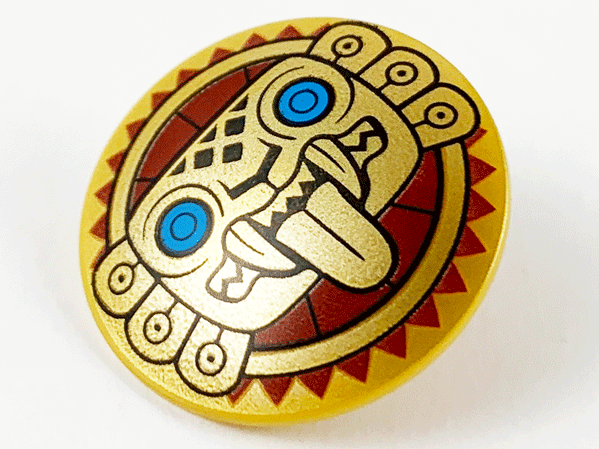 Minifigure, Shield Circular / Round Convex Face with Gold Jaguar Face on Dark Red Sun Background Pattern