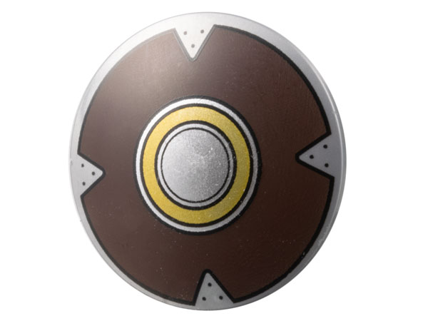 Minifigure, Shield Circular / Round Convex Face with Silver, Gold, and Dark Brown Concentric Rings Pattern