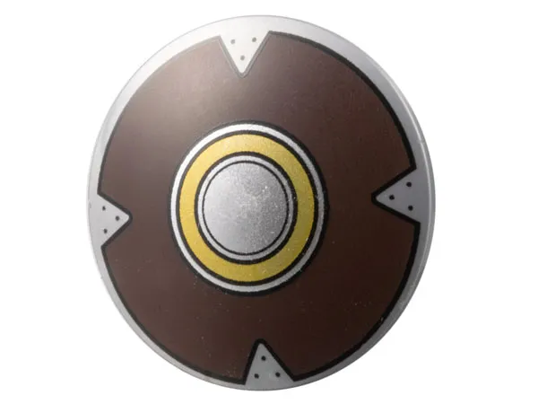Minifigure, Shield Circular / Round Convex Face with Silver, Gold, and Dark Brown Concentric Rings Pattern