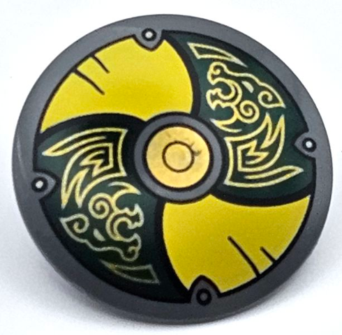 Minifigure, Shield Circular / Round Convex Face with Yellow and Dark Green Alternating Panels with Gold Center Circle and Odin's Wolves Pattern