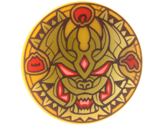 Minifigure, Shield Circular / Round Convex Face with Gold and Dark Brown Dragon Face, Red and Coral Eyes, Mouth, and Symbols Pattern