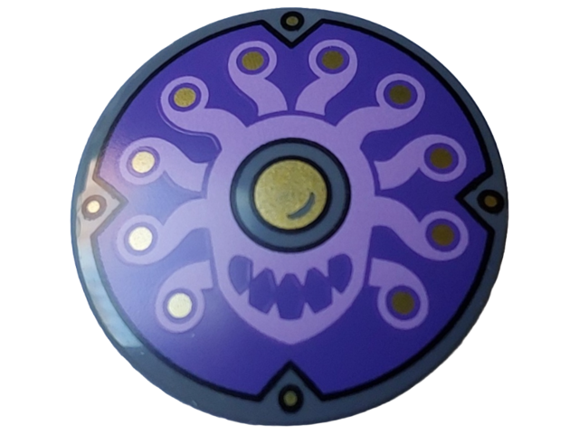 Minifigure, Shield Circular / Round Convex Face with Medium Lavender Monster with 10 Tentacles, Gold Eyes and Rivets, Large Eye Black Outline with Crescent on Dark Purple Background Pattern (Beholder)