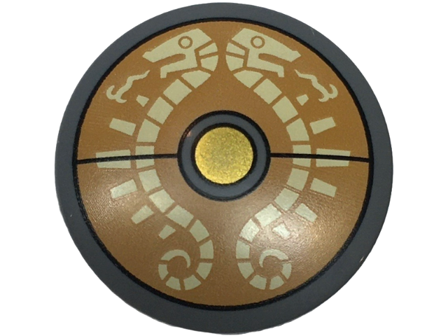 Minifigure, Shield Circular / Round Convex Face with Tan Skeletal Serpents on Medium Nougat Background, Gold Center Pattern (The Legend of Zelda Traveler's Shield)