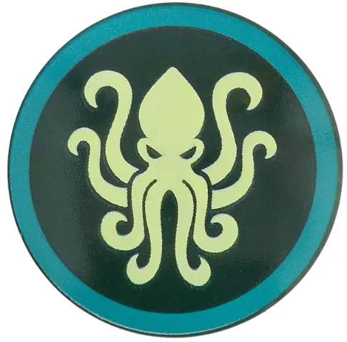Minifigure, Shield Circular / Round Convex Face with Yellowish Green Kraken in Dark Turquoise Circle Pattern