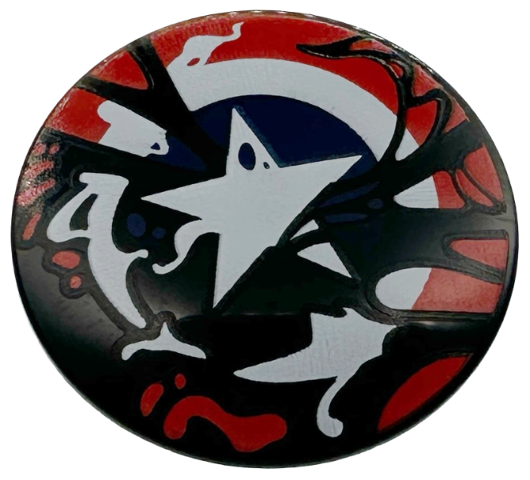 Minifigure, Shield Circular / Round Convex Face with White Star on Dark Blue Circle with White and Red Rings, Symbiote Tendrils and Splatters Pattern (Venomized Captain America)