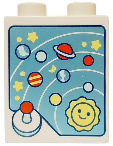 Duplo, Brick 1 x 2 x 2 with Bottom Tube with Solar System, Bright Light Yellow, Light Aqua and Reddish Orange Stars, Planets, Sun and Joystick on Metallic Light Blue Background Pattern