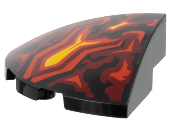 Slope, Curved 3 x 3 Corner Round with Red, Dark Red, and Yellow Flames Pattern